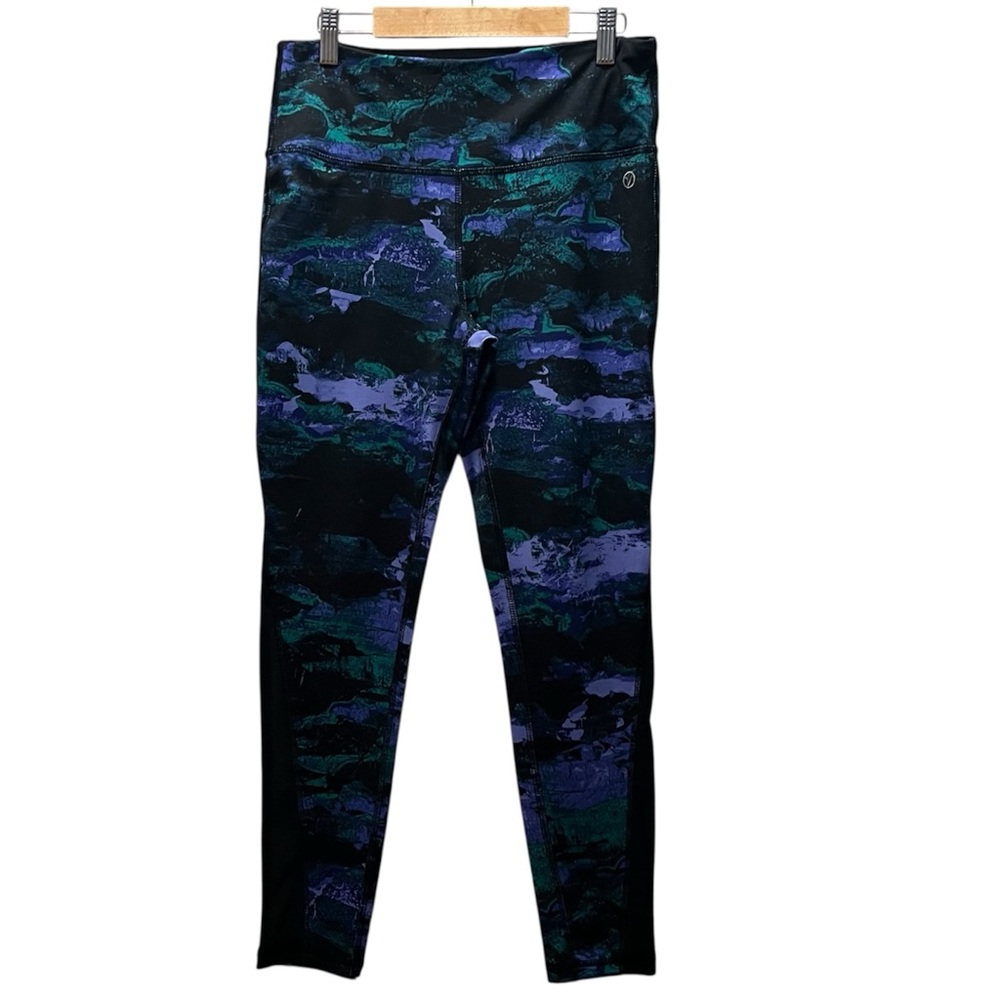 VOGO Athletica Size Medium Black Waistband Leggings with Teal & Purple Print